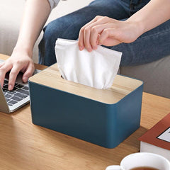 Desktop Tissue Box Plastic Polished Square Tissue Container with Wood Lid