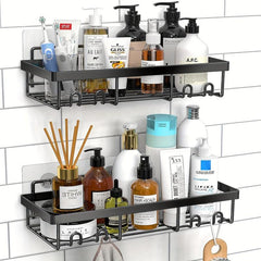 Rustproof Shower Caddy with Hooks - Wall Mounted Adhesive Organizer