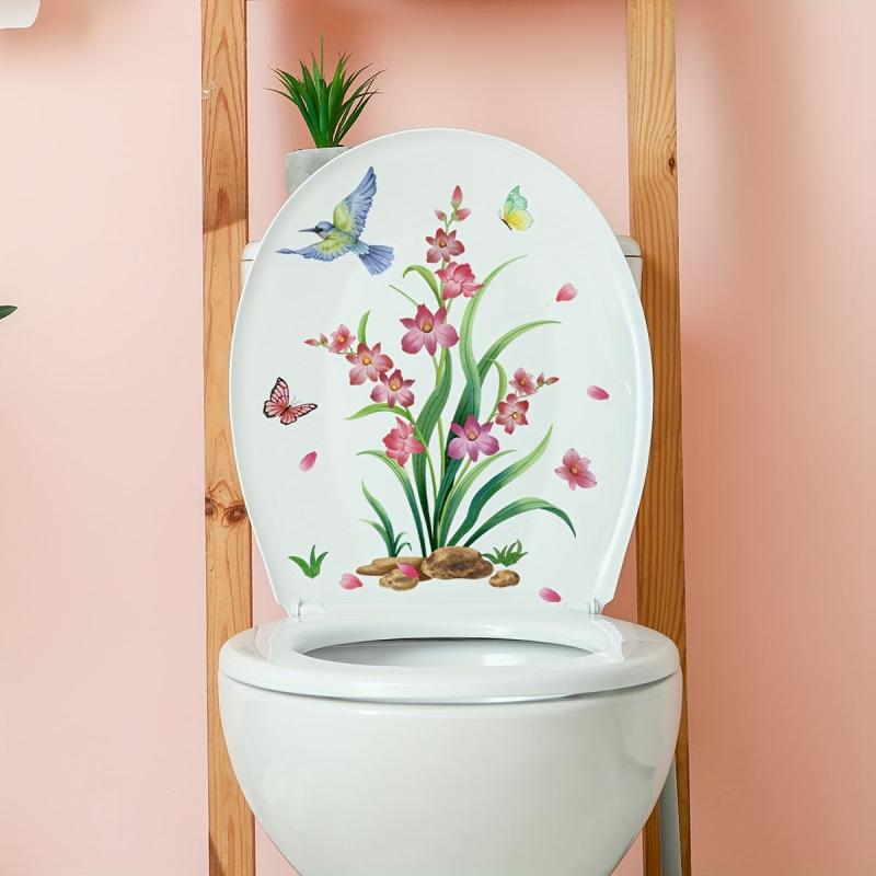 Butterfly and Flower Toilet Lid Sticker Self Adhesive Bathroom Decoration