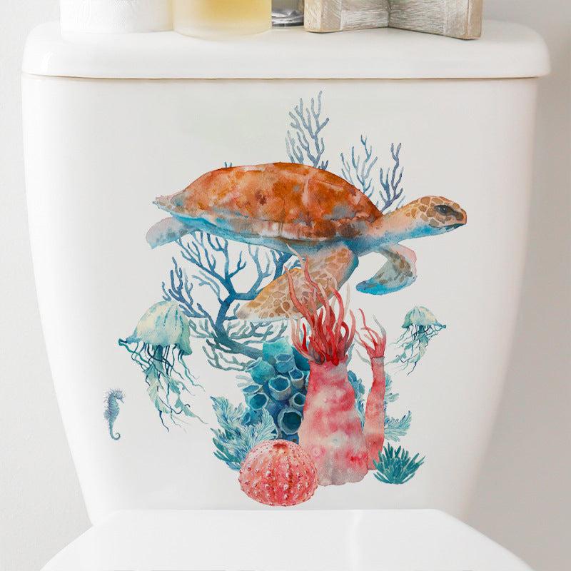 Sea Turtle Coral Pattern Toilet Lid Decal Self Adhesive Wall Sticker
