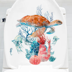 Sea Turtle Coral Pattern Toilet Lid Decal Self Adhesive Wall Sticker