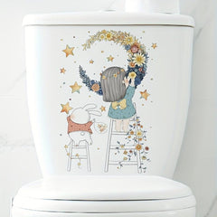 Moon Flower Girl Star Waterproof Toilet Sticker Bathroom Decoration