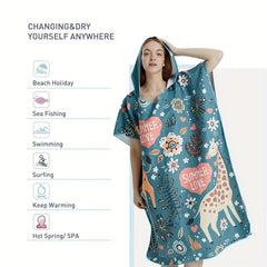Hooded Beach Robe with Cartoon Animal Print