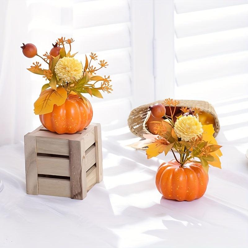 Fall Pumpkin Decoration with Maple Leaves and Berries Artificial Potted Plant