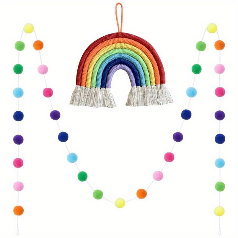 Colorful Hand woven Rainbow Pom Pom String Wall Hanging Decor