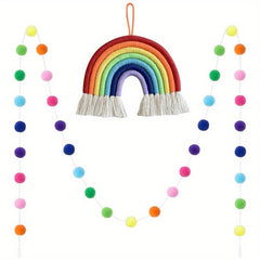 Colorful Hand woven Rainbow Pom Pom String Wall Hanging Decor