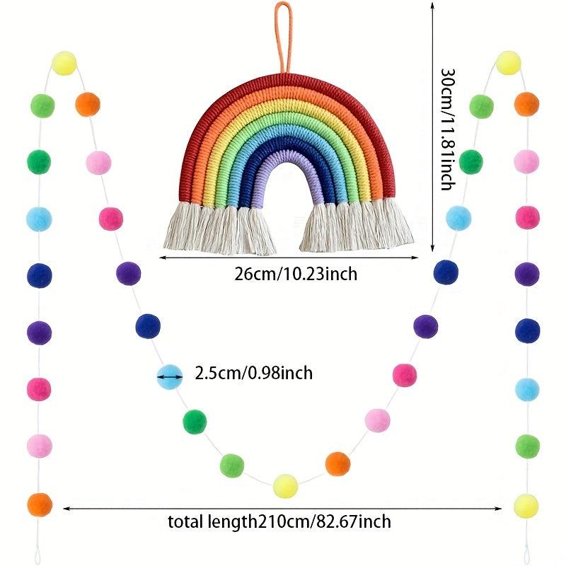 Colorful Hand woven Rainbow Pom Pom String Wall Hanging Decor