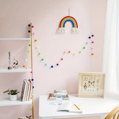 Colorful Hand woven Rainbow Pom Pom String Wall Hanging Decor