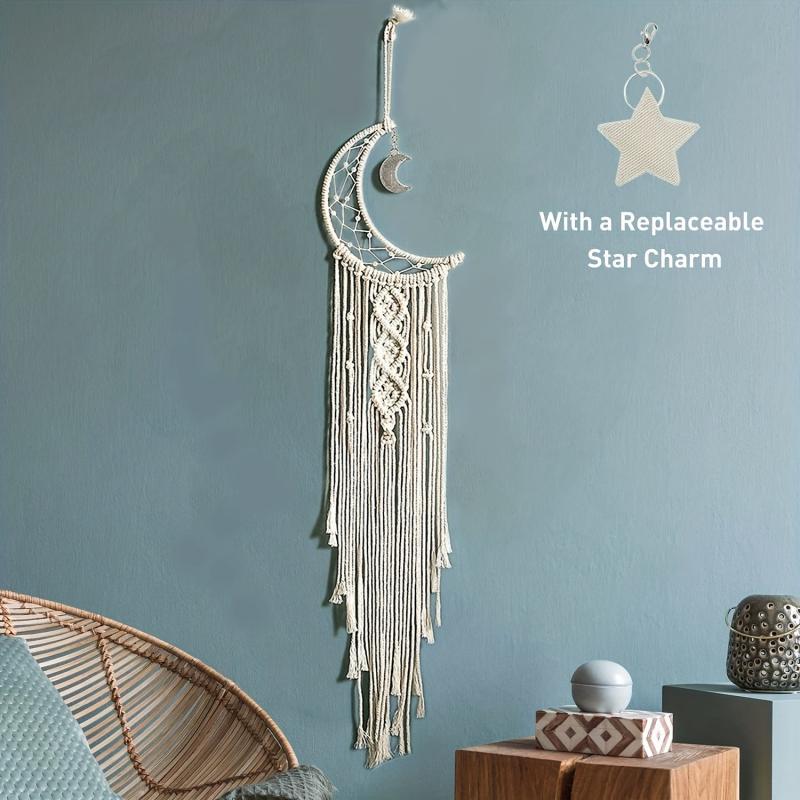 Nordic Boho Macrame Dream Catcher with Crystal Stone Pendant - Moon Design