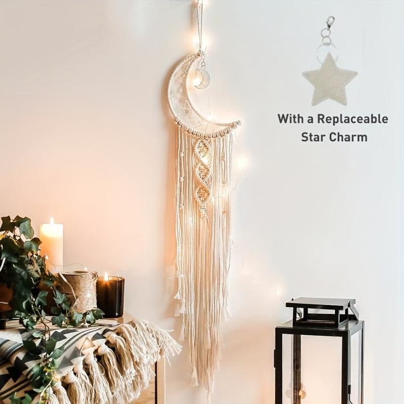 Nordic Boho Macrame Dream Catcher with Crystal Stone Pendant - Moon Design