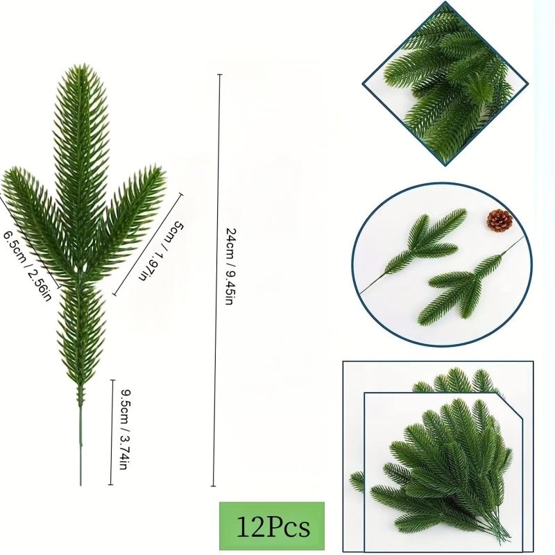 12Pcs Christmas Artificial Green Pine Needles for DIY Wreath Crafts