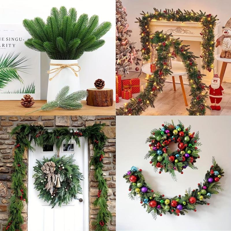 12Pcs Christmas Artificial Green Pine Needles for DIY Wreath Crafts