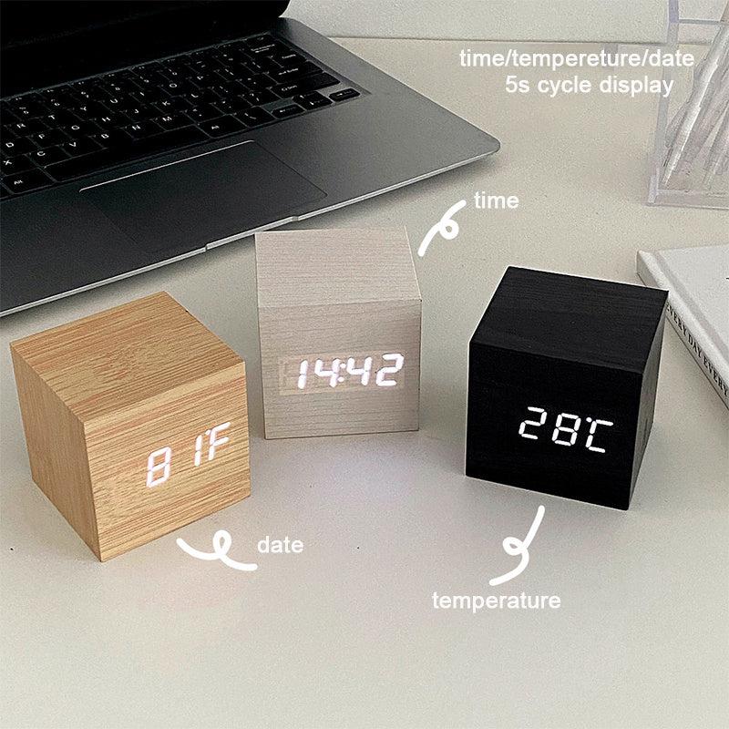 Wooden Digital Alarm Clock Silent Bedside Sound Control Electronic Clock