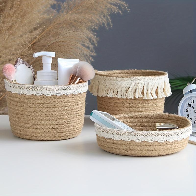 1PC Woven Storage Basket Makeup Supplies Living Room Laundry Bedroom Rope Basket