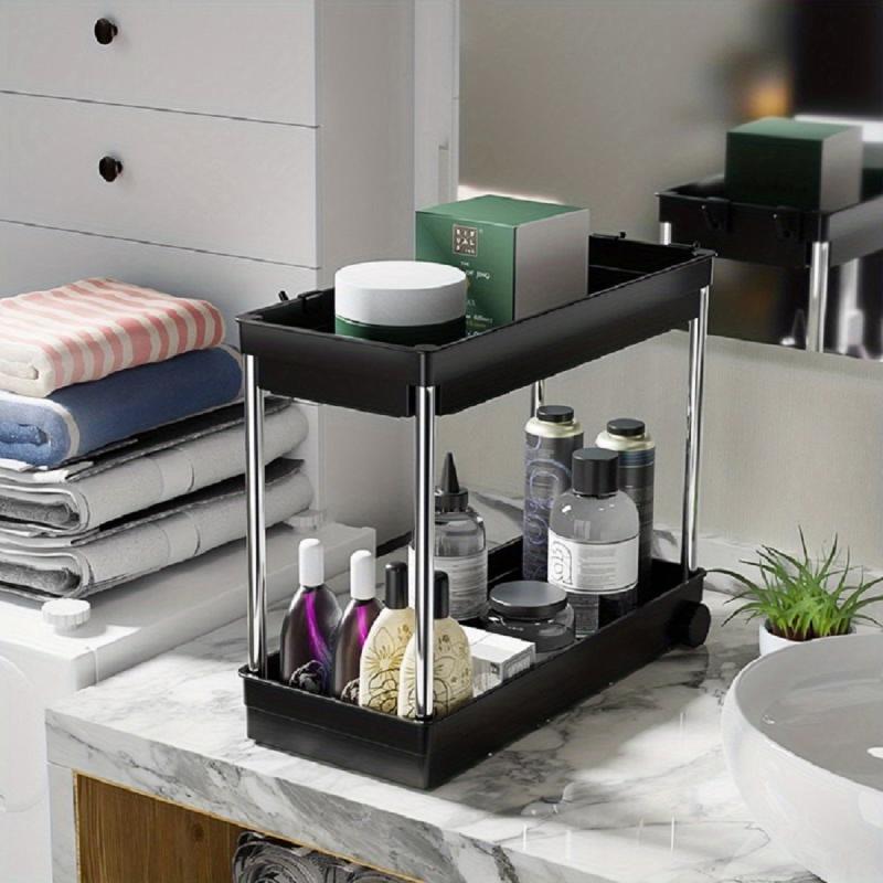 2 Tier Bathroom Organizer with Hooks Storage Rack Under Sink Organizers