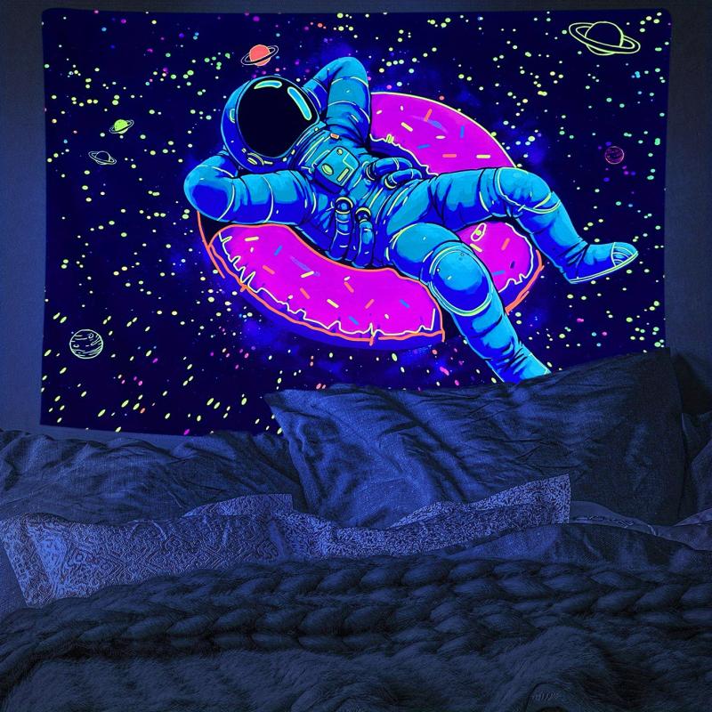 Fluorescent Astronaut Donut Tapestry Wall Hanging Peach Skin Velvet UV Light