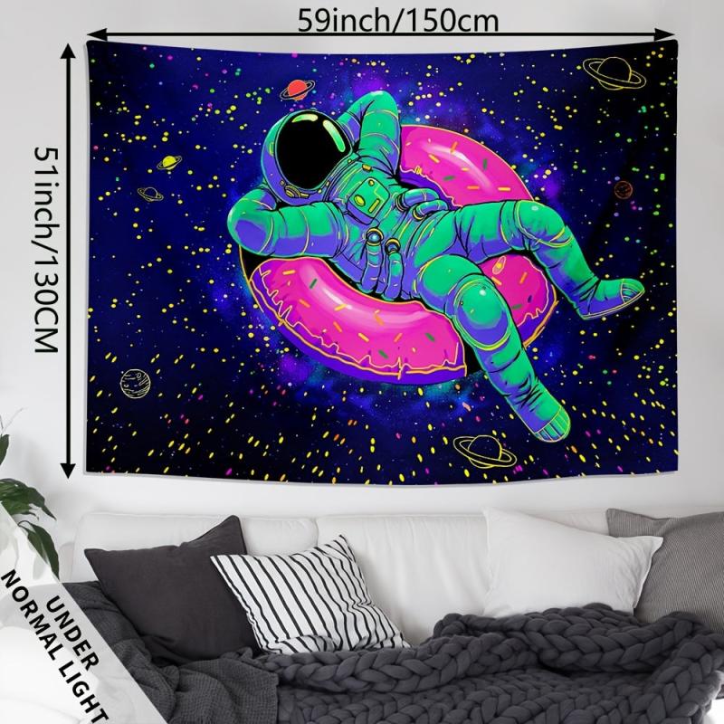 Fluorescent Astronaut Donut Tapestry Wall Hanging Peach Skin Velvet UV Light