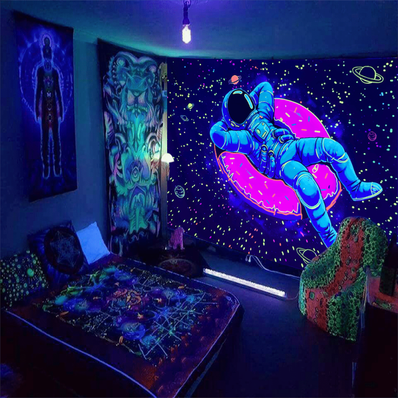 Fluorescent Astronaut Donut Tapestry Wall Hanging Peach Skin Velvet UV Light