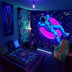 Fluorescent Astronaut Donut Tapestry Wall Hanging Peach Skin Velvet UV Light