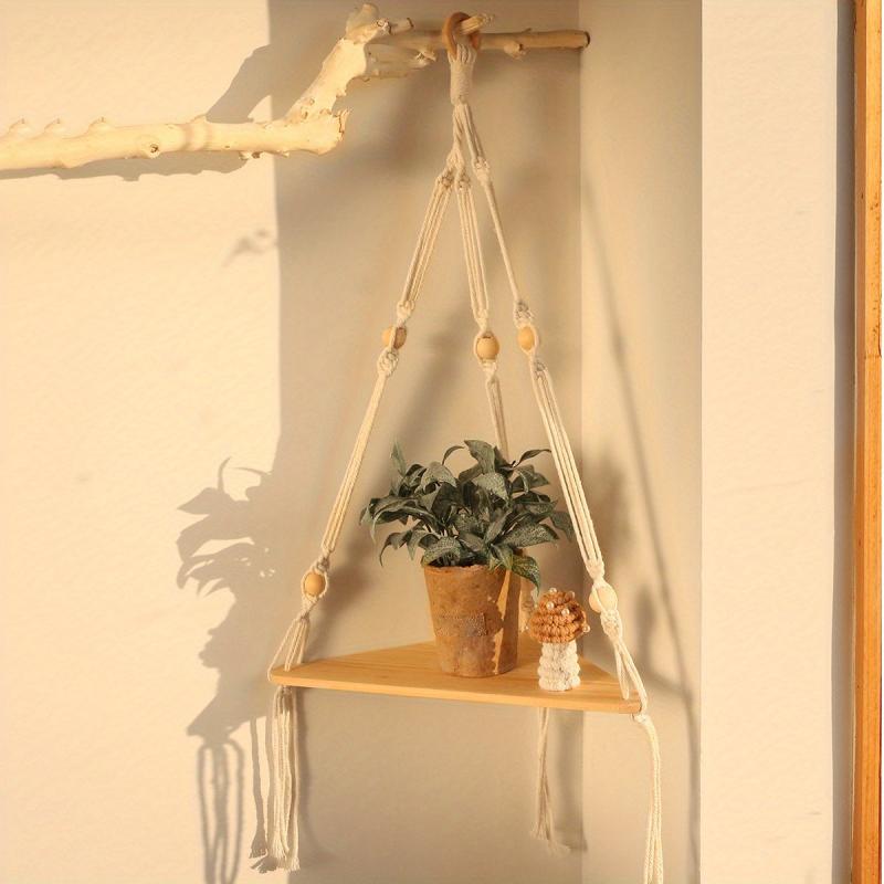 Triangular Wooden Shelf Wall Hanging with Bohemian Beads and Cotton Rope