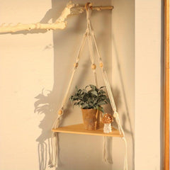 Triangular Wooden Shelf Wall Hanging with Bohemian Beads and Cotton Rope