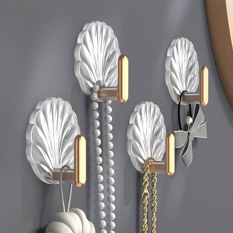 4pcs Shell Shaped Self Adhesive Wall Hooks for Hanging Towels & Coats