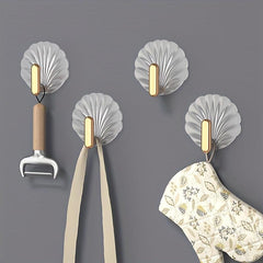4pcs Shell Shaped Self Adhesive Wall Hooks for Hanging Towels & Coats