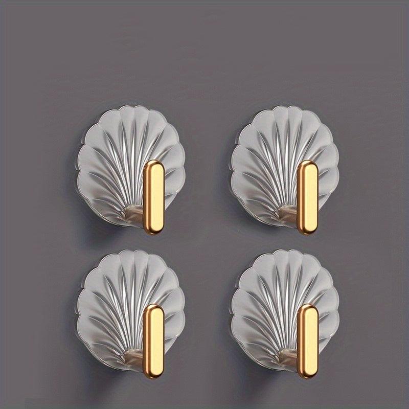 4pcs Shell Shaped Self Adhesive Wall Hooks for Hanging Towels & Coats