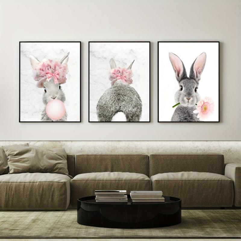 Hare Watercolor Painting Canvas Art Rabbit Wearing Flowers Wall Painting