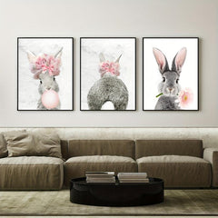 Hare Watercolor Painting Canvas Art Rabbit Wearing Flowers Wall Painting