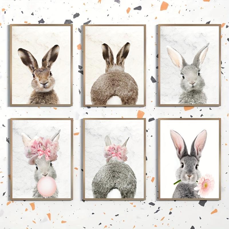 Hare Watercolor Painting Canvas Art Rabbit Wearing Flowers Wall Painting