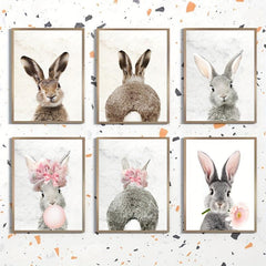 Hare Watercolor Painting Canvas Art Rabbit Wearing Flowers Wall Painting