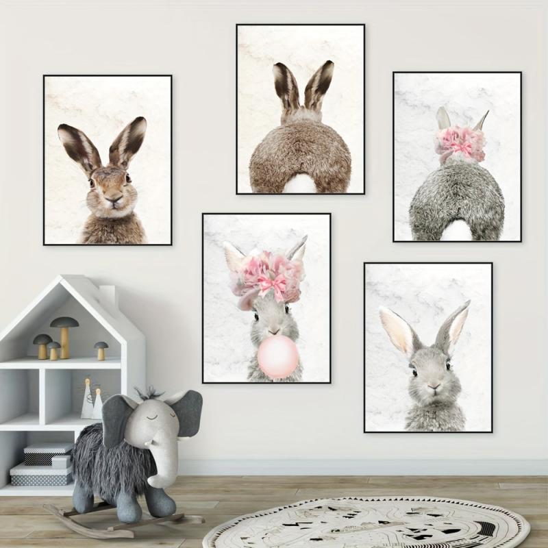 Hare Watercolor Painting Canvas Art Rabbit Wearing Flowers Wall Painting
