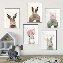 Hare Watercolor Painting Canvas Art Rabbit Wearing Flowers Wall Painting