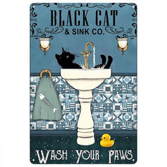 Funny Cat Decor Tin Sign Coffee Cat Wash Your Paws Cat Metallic Sign