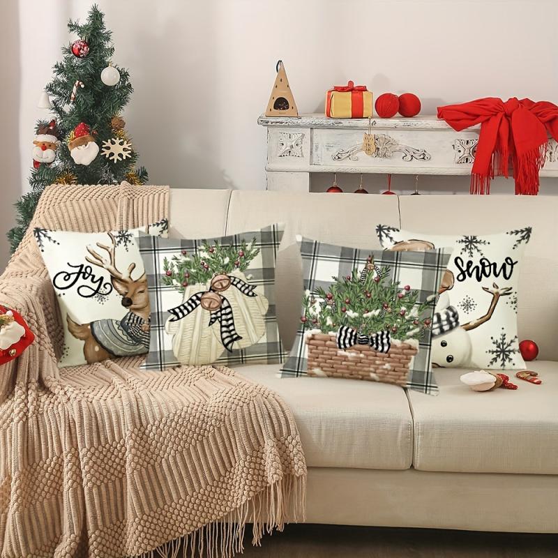 Winter Deer Snowman Christmas Tree Cushion Cover 18x18 Inches