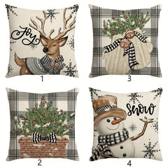Winter Deer Snowman Christmas Tree Cushion Cover 18x18 Inches