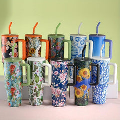 40oz Flower Tumbler Stainless Steel Thermal Bottle Lid Straw Handle