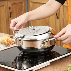 Tempura Deep Fry Pot Stainless Steel Thermometer Japanese Style Cookware