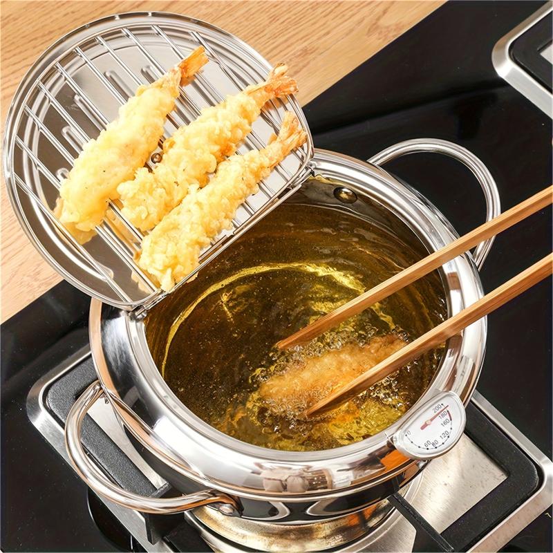 Tempura Deep Fry Pot Stainless Steel Thermometer Japanese Style Cookware