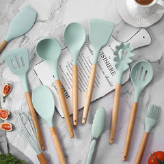 11pcs Silicone Cooking Utensils Set With Wooden Handle Kitchenware
