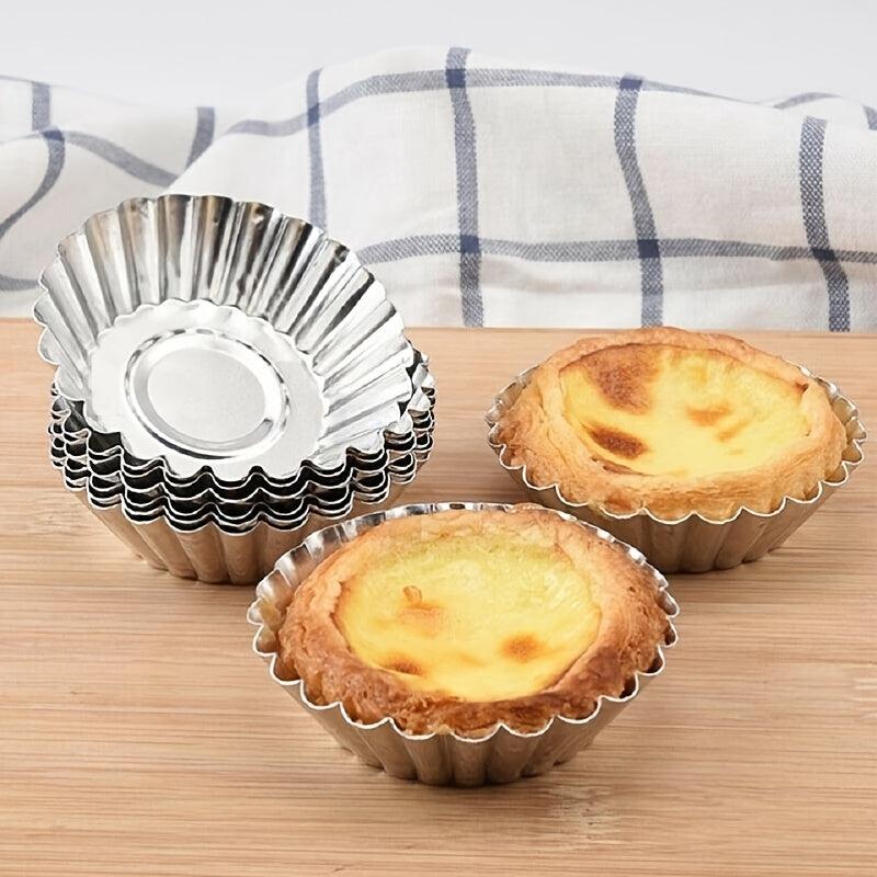10pcs Aluminum Alloy Egg Tart Mould Reusable Non Stick Ripple Baking Tins