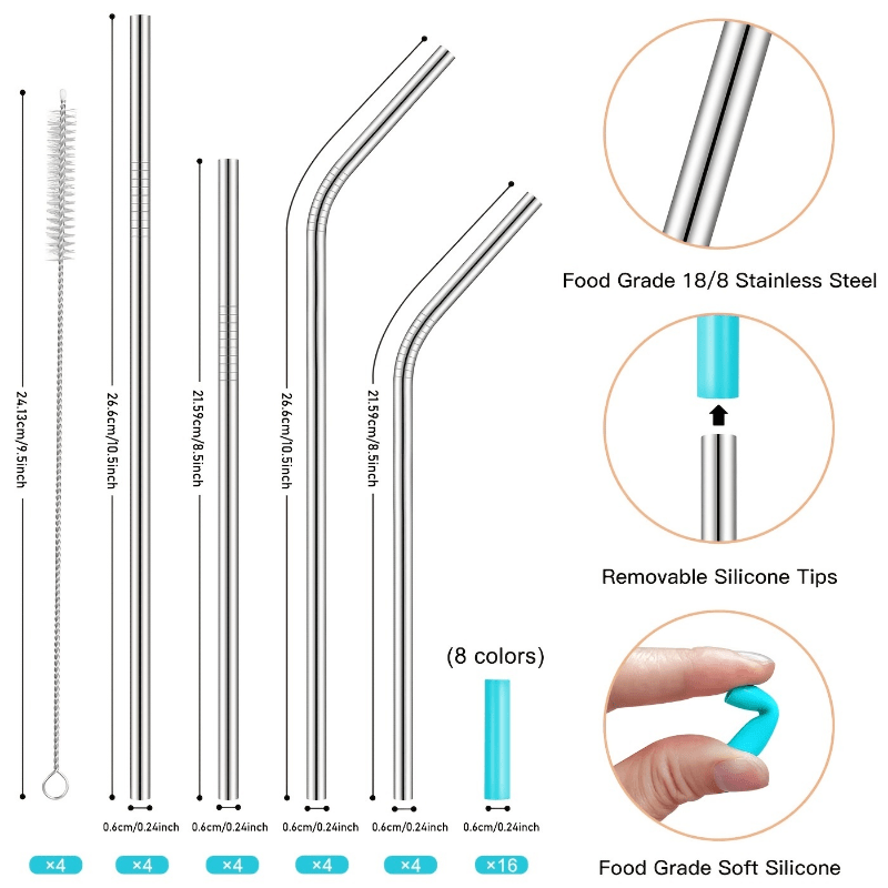 16pcs Stainless Steel Straws w/ Travel Case & Cleaning Brush Eco Friendly