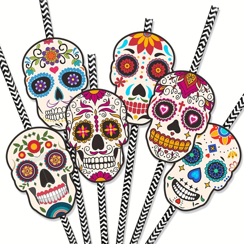 24pcs Halloween Skull Head Paper Straw Insert Party Decoration