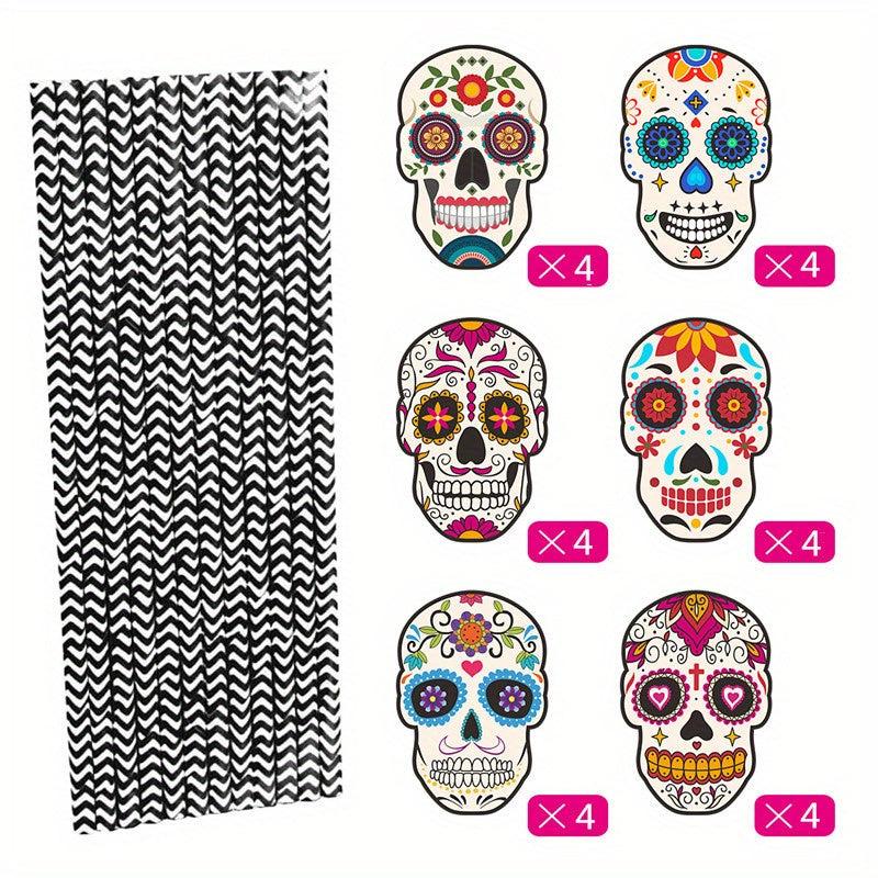 24pcs Halloween Skull Head Paper Straw Insert Party Decoration