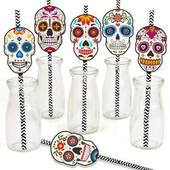 24pcs Halloween Skull Head Paper Straw Insert Party Decoration