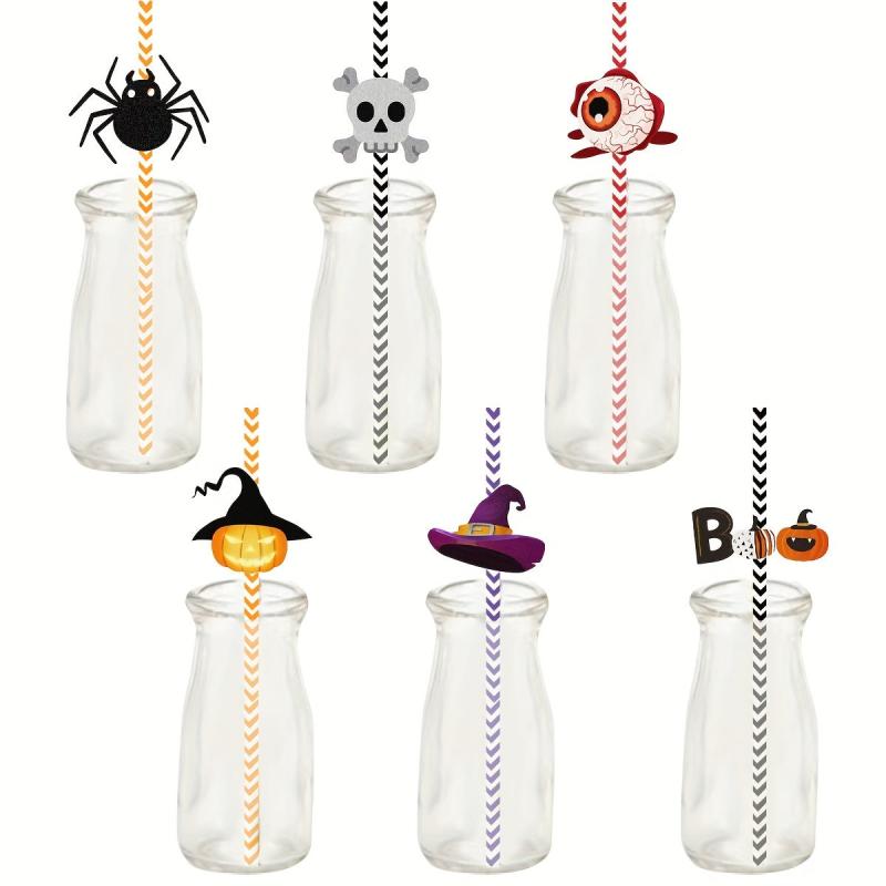 24pcs Halloween Plastic Reusable Drinking Straws Pumpkin Wizard Pattern