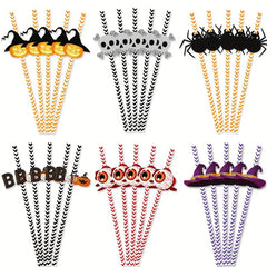 24pcs Halloween Plastic Reusable Drinking Straws Pumpkin Wizard Pattern