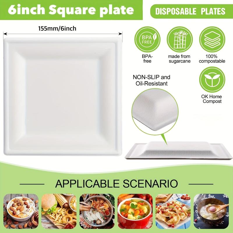 100pcs Biodegradable Compostable 6-Inch Square Sugarcane Plates