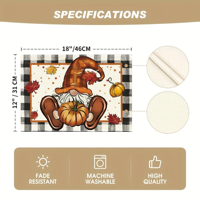 4pcs Hello Pumpkin Gnome Fall Placemats Thanksgiving Theme Square Mats